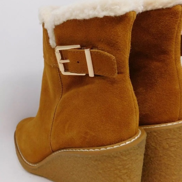 Franco Sarto Women's Boots Ulayna Ankle Bootie Wedge Heel Tan Suede Sherpa Zip - Picture 7 of 12